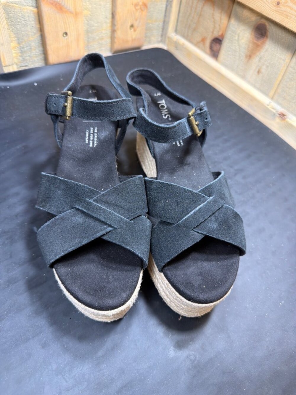 TOMS Monica Black Suede Espadrille Platform Wedge Sandals Women Size 7 US 37.5EU - Picture 3 of 9